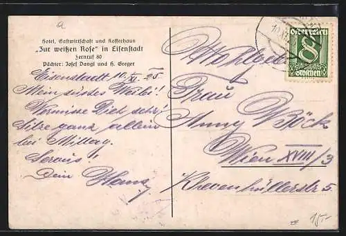 AK Eisenstadt, Hotel Restaurant Cafe zur weissen Rose v. J. Dangl, Pferdekutsche