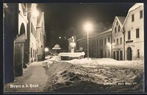 AK Weyer a. d. Enns, Verschneite Strasse in einer Winternacht