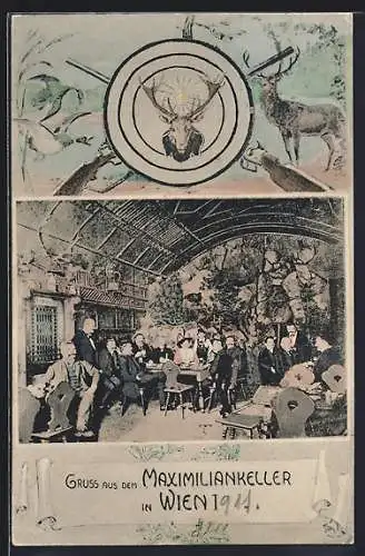 Passepartout-AK Wien, Michael König`s Maximiliankeller, Maximilian-Strasse 2, Innenansicht, Zielscheibe u. Hirsche