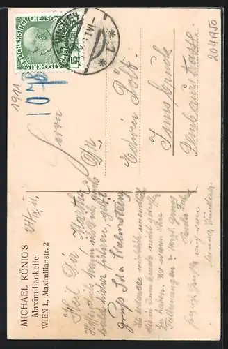 Passepartout-AK Wien, Michael König`s Maximiliankeller, Maximilian-Strasse 2, Innenansicht, Zielscheibe u. Hirsche