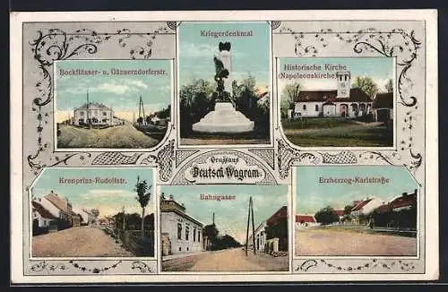 AK Deutsch Wagram, Bockflüsser- und Gänserndorferstrasse, Kronprinz-Rudolfstrasse, Bahngasse, Erzherzog-Karlstrasse
