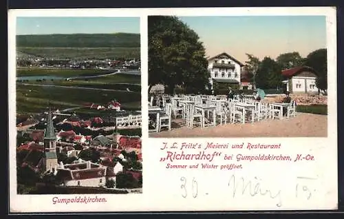 AK Gumpoldskirchen, J. L. Fritz`s Meierei und Restaurant Richardhof, Blick auf den Ort