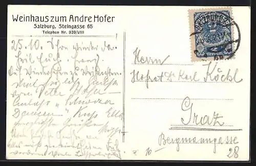 AK Salzburg, Gasthaus zum Andre Hofer, Steingasse 65, Innenansicht