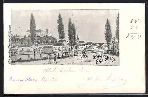 Künstler-AK Ebelsberg, Reiter vor der Ortschaft
