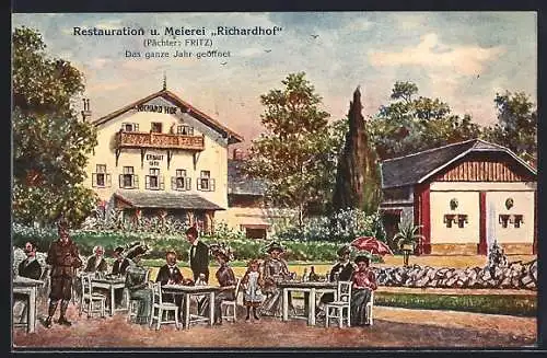 AK Mödling, Gasthaus Meierei Richardhof v. Fritz mit Gartenlokal