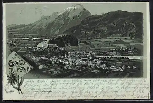 Mondschein-Lithographie Kufstein, Totalansicht gegen die Berge