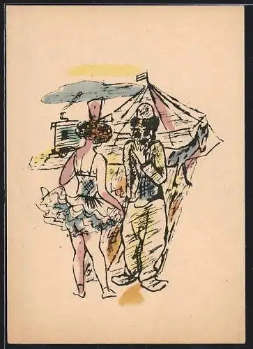 Künstler-AK Schauspieler Charlie Chaplin im Zirkus mit einer Zirkusdame