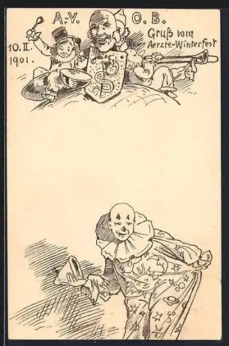 Künstler-AK Berlin, Grusskarte vom Aerzte-Winterfest 1901 des A.-V. O. B., Clown
