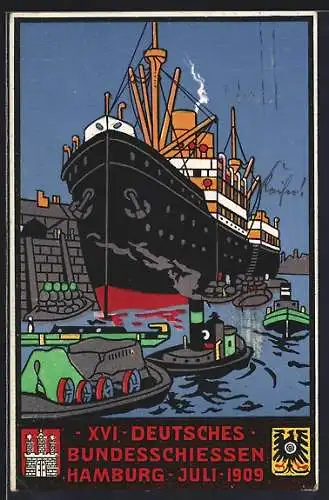 AK Hamburg, XVI. Deutsches Bundesschiessen 1909, Passagierdampfer im Hafen