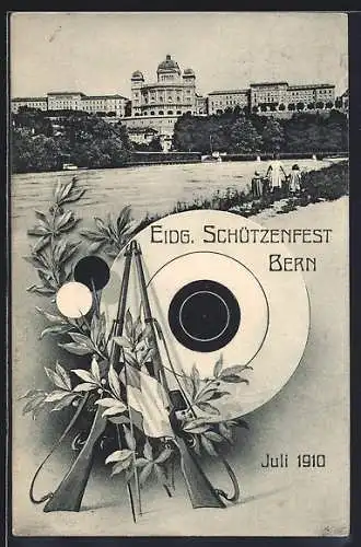 AK Bern, Das Eidg. Schützenfest 1910, Bundespalast mit Zielscheibe im Passepartout