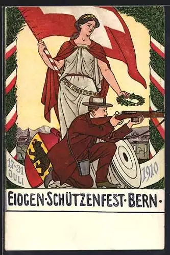 AK Bern, Eidgenössisches Schützenfest 1910, Schütze an Wappen neben Helvetia