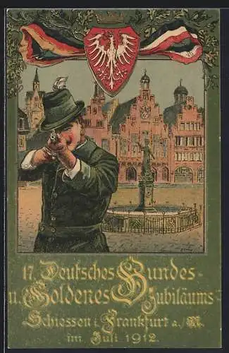 AK Frankfurt a. M., 17. Deutsches Bundes- und Goldenes Jubiläums-Schiessen 1912, Jäger mit angelegter Waffe auf dem Platz