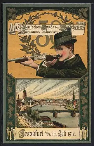 AK Frankfurt a. M., 17. Deutsches Bundes- und Goldenes Jubiläums-Schiessen 1912, Panorama am Fluss, Jägersmann