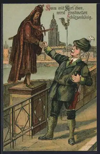 AK Frankfurt a. M., 17. Deutsches Bundesschiessen 1912, Jäger grüsst die Statue Kaiser Karls des Grossen