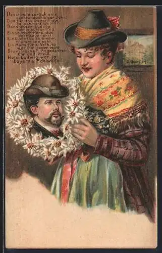 Lithographie Frau knüpft einen Edelweiss-Kranz in Gedenken an Ludwig II. von Bayern