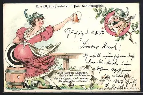 Lithographie Berlin, 150jähriges Bestehen der Berliner Schützengilde, Amor mit Schützenhut