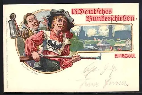 Lithographie Dresden, 13. Deutsches Bundesschiessen, Schütze mit Gewehr