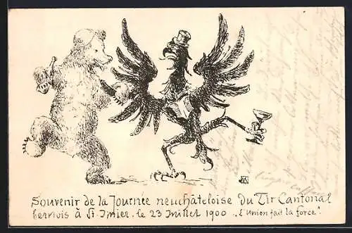 AK St. Imier, La Journee neuchateloise du Tir Cantonal bernois 1900, Bär und Adler tanzen betrunken