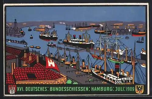 Künstler-AK Hamburg, XVI. Deutsches Bundesschiessen 1909, Hafen bei Nacht