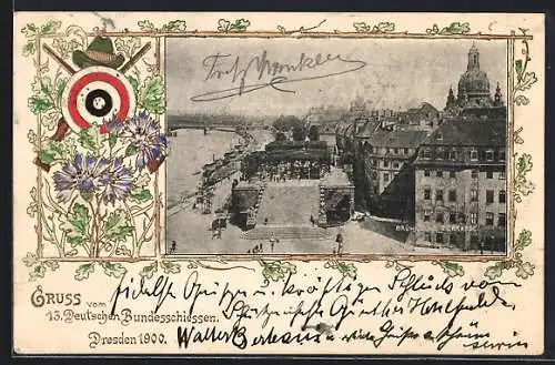 Präge-AK Dresden, Deutsches Bundesschiessen 1900, Brühlsche Terrasse, Zielscheibe und Kornblumen