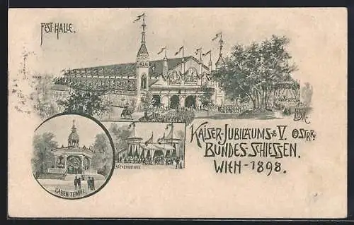 AK Wien, Kaiser-Jubiläums- & V. Oesterr. Bundes-Schiessen 1898, Festhalle, Cafe, Gabentempel