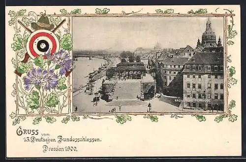 Präge-AK Dresden, 13. Deutsches Bundesschiessen 1900, BrühlscheTerrasse, Kornblumen und Zielscheibe