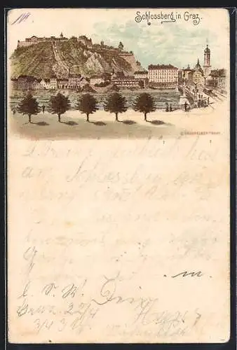 Vorläufer-Lithographie Graz, 1895, Teilansicht mit Schlossberg