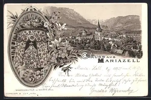 Vorläufer-Lithographie Mariazell, 1895, Ortsansicht mit Basilika, Gnadenmutter