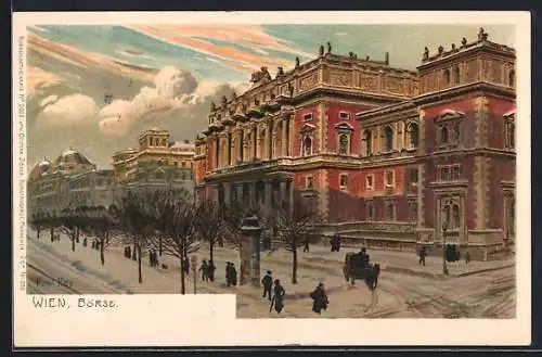 Künstler-Lithographie Paul Hey: Wien, Börse mit Litfasssäule