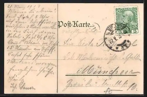 Künstler-Lithographie Paul Hey: Wien, Börse mit Litfasssäule