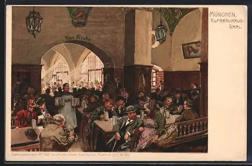 Künstler-Lithographie Paul Hey: München, Gäste im Hofbräuhaussaal