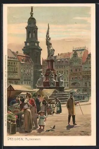 Künstler-Lithographie Paul Hey: Dresden, Verkaufsstände auf dem Altmarkt