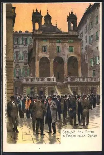 Künstler-Lithographie Paul Hey: Genova, San Pietro e Piazza Della Borsa