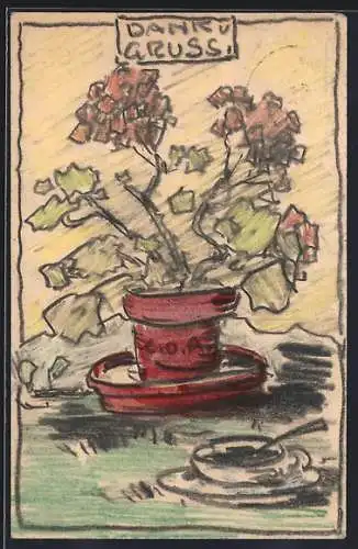 Künstler-AK Handgemalt sign. Carl O. Arends: Dank und Gruss mit Topfbllume und Kaffeetasse
