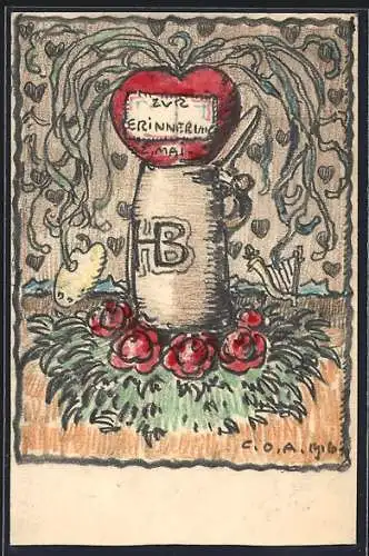 Künstler-AK Handgemalt sign. Carl O. Arends: Herz auf Bierkrug, Zur Erinnerung