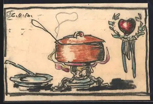 Künstler-AK Handgemalt sign. Carl O. Arends: Kochtopf auf einem Stövchen, daneben ein Suppenteller