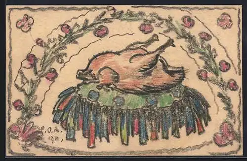 Künstler-AK Handgemalt sign. Carl O. Arends: Gebratene Gans unter Blumengirlande