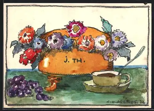 Künstler-AK Handgemalt sign. Carl O. Arends: Blumen in goldener Schale, davor Kaffeetasse und rote Trauben