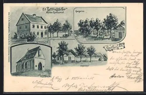 Künstler-AK Wartberg ob der Aist, Ed. Hoffleischhacker`s Garten-Restaurant, Wenzelskirche, Kegelbahn