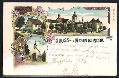 Lithographie Neunkirch, Ortsansicht von oben, Gasthaus zum Rebstock