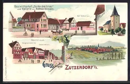 Lithographie Zutzendorf i. E., Gasthaus Zu den drei Lilien und Epicerie v. Andreas Ehrmann, Hof Schneider, Hauptstrasse
