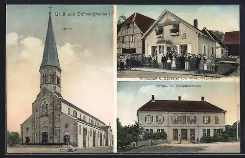 AK Schweighausen, Gasthaus und Bäckerei v. Wwe. Hagenbach, Schul- und Gemeindehaus, Kirche