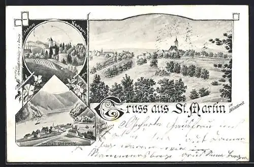 AK St. Martin im Mühlkreis, Totalansicht, Schloss Neuhaus, Ortschaft Untermühl