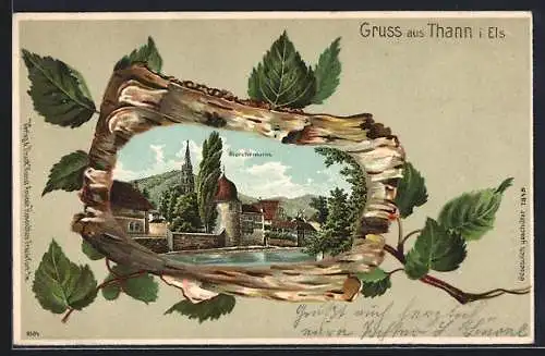 Lithographie Thann i. Els., Blick zum Storchenturm in der Baumrinde