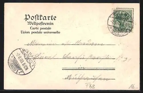 Lithographie Thann i. Els., Blick zum Storchenturm in der Baumrinde