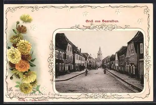Lithographie Saaralben, Partie in der St. Pankriatusstrasse, florales Passepartout
