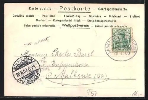 Lithographie Saaralben, Partie in der St. Pankriatusstrasse, florales Passepartout