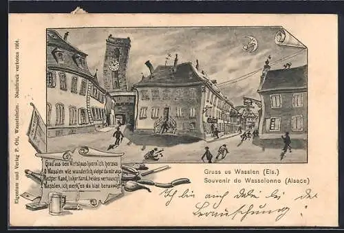 AK Wasslen /Els., Platzpartie aus Sicht eines Betrunkenen