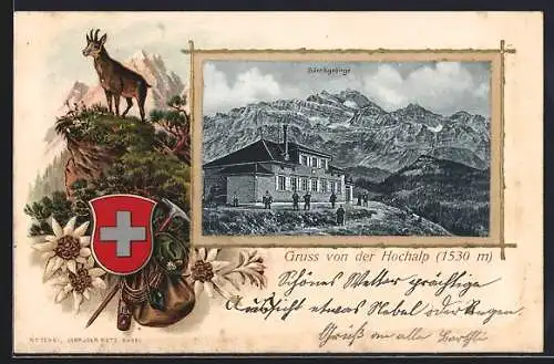 Lithographie Urnäsch, Hochalp, Ansicht gegen das Säntisgebirge im Wanderpassepartout