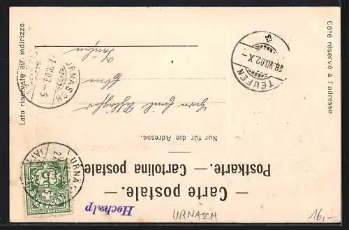 Lithographie Urnäsch, Hochalp, Ansicht gegen das Säntisgebirge im Wanderpassepartout